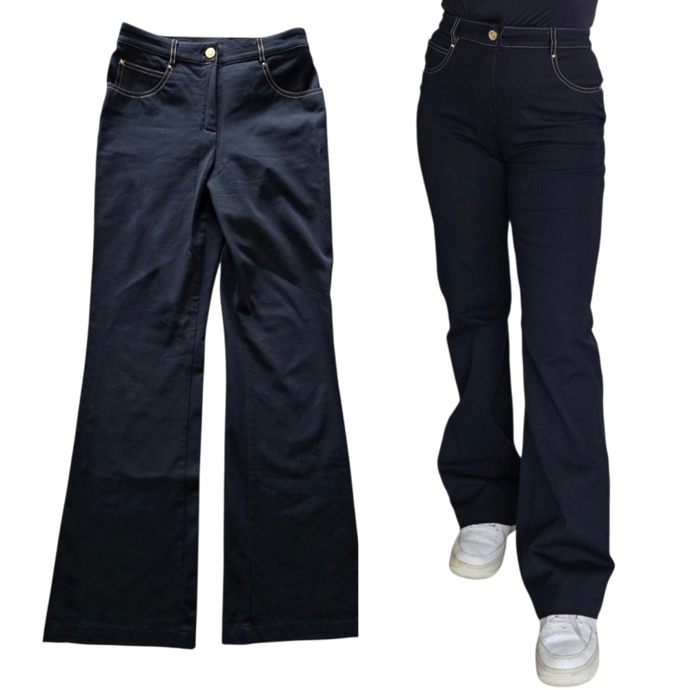 VTG St. John Sport Flare Wide Leg High Rise Black Jeans Women’s 2 Gold Stitching